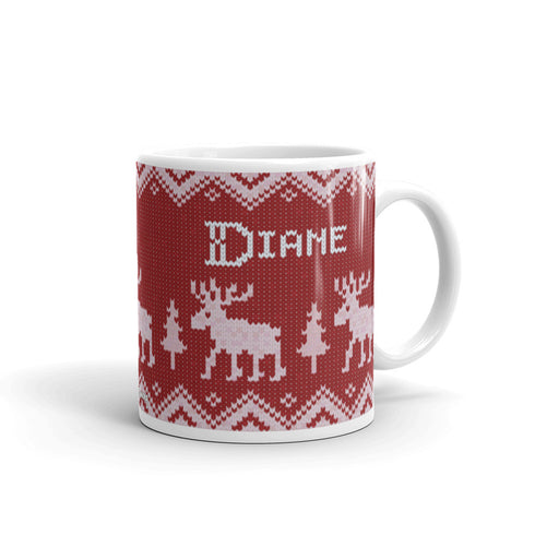 Scandinavian Moose Mug, Knitting Name Mug, Christmas Sweater Mug